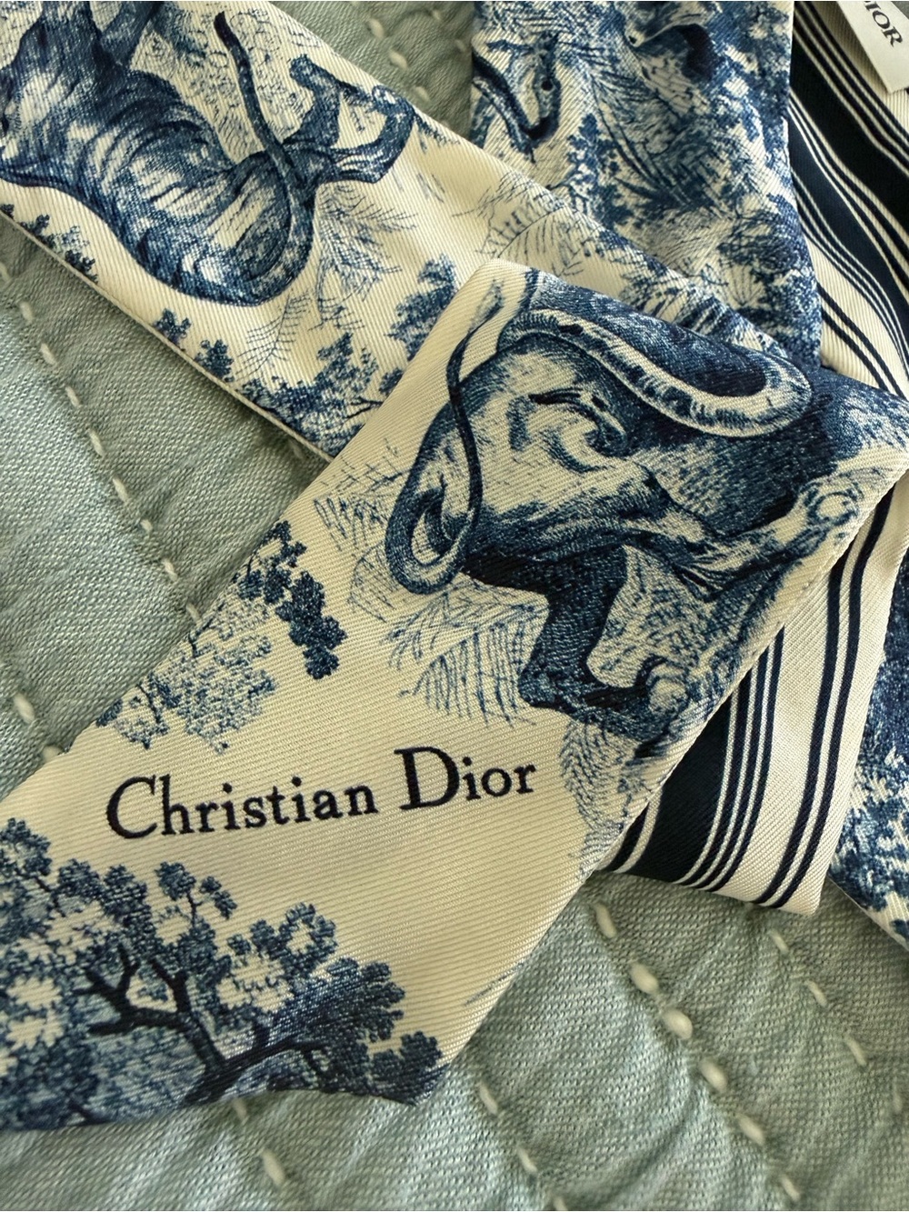 Dior Blue and Cream Silk Twilly with Toile Motif